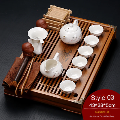 Traditional Asian Wooden Tea Serving Tray Set