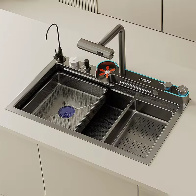 Modern Stainless Steel LED Waterfall Kitchen Sink - Pexav