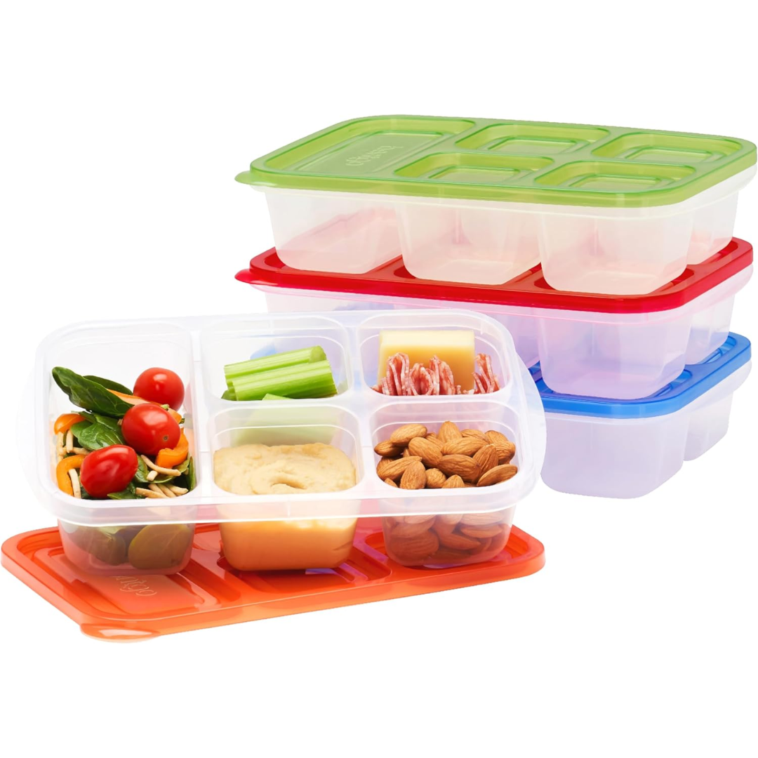 Stackable 5-Section Plastic Food Containers - 8 Pack - Pexav