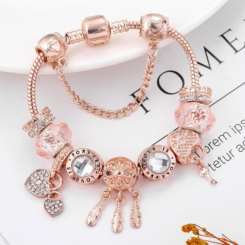 Beautiful Pink Sterling Silver Charm Bracelet - Pexav