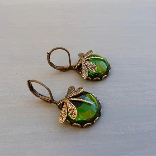 Round Antique Gold Dragonfly Earrings - Elyse-Light green-Nora Luxe