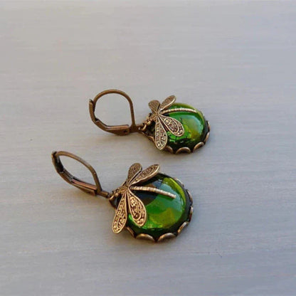 Round Antique Gold Dragonfly Earrings - Elyse-Light green-Nora Luxe