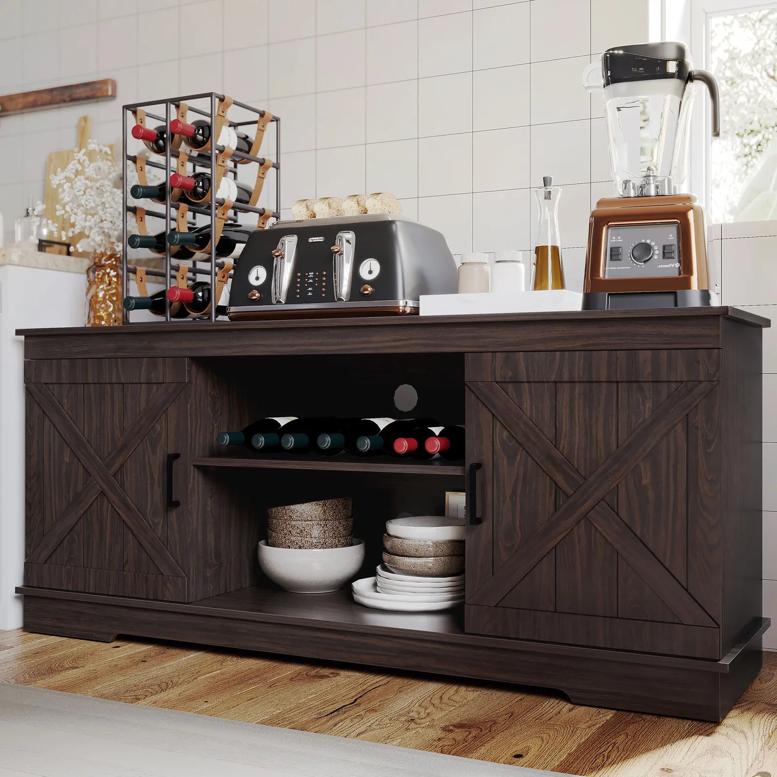 Rustic Kitchen Coffee Station Cabinet with Shelves - Pexav