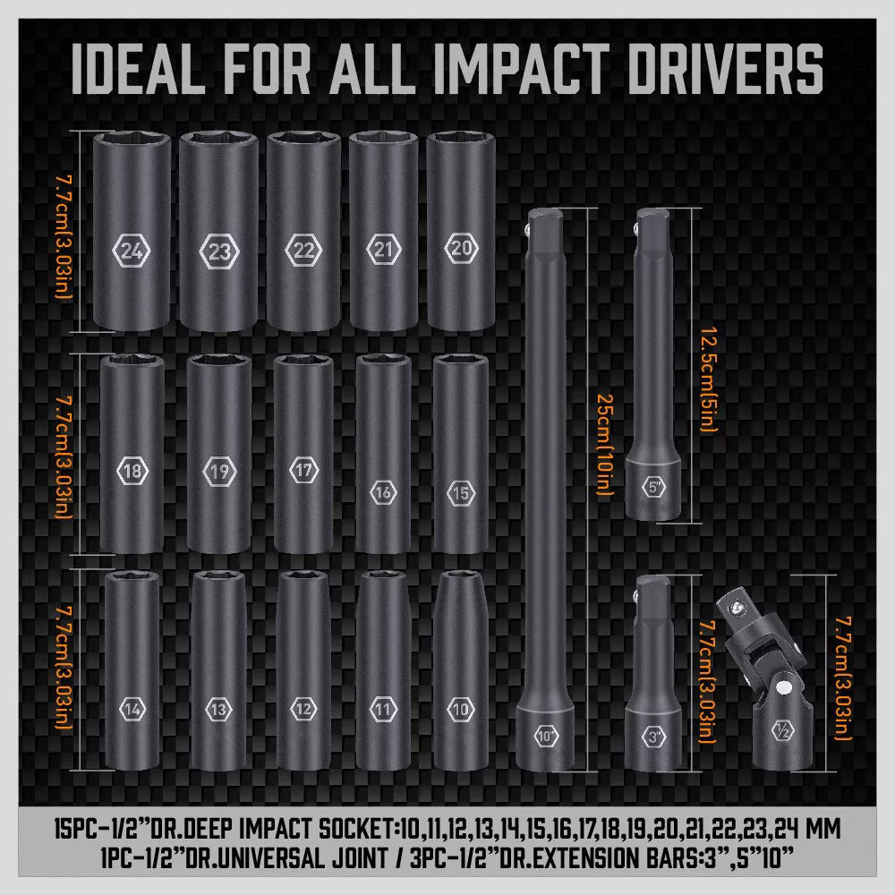 12-Piece Drive Socket Set with 19 Sockets