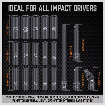 12-Piece Drive Socket Set with 19 Sockets