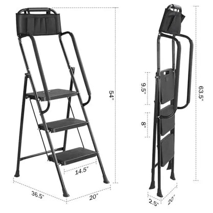 Safe 3 Step Folding Stool With Handrails 330 Lbs Capacity
