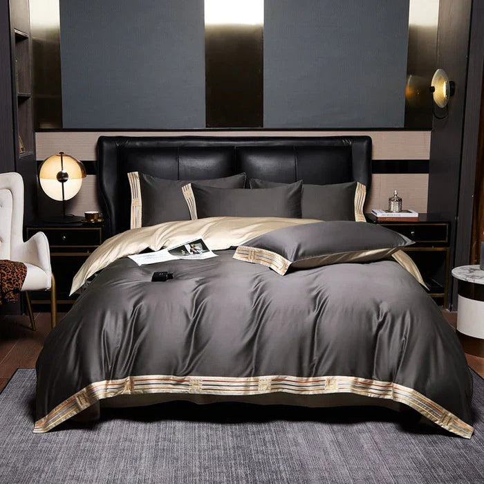 Satin Cotton Embroidered Bedding Set - Luxora-Gray-53.15 × 78.74 in-53.15 × 78.74 in-Nora Luxe