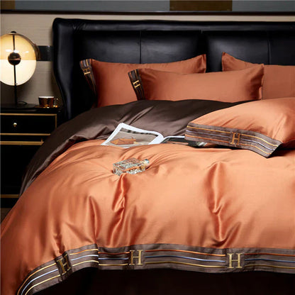 Satin Cotton Embroidered Bedding Set - Luxora-Orange-53.15 × 78.74 in-53.15 × 78.74 in-Nora Luxe