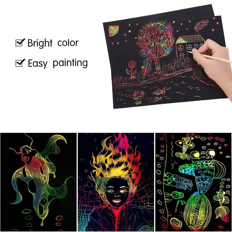 Scratch card set with Magical Rainbow Colors - ColorBurst-50× Paper + 4× Card Shapes + 5 Magic Pencils + 1× Brush and Sharpener-Nora Luxe