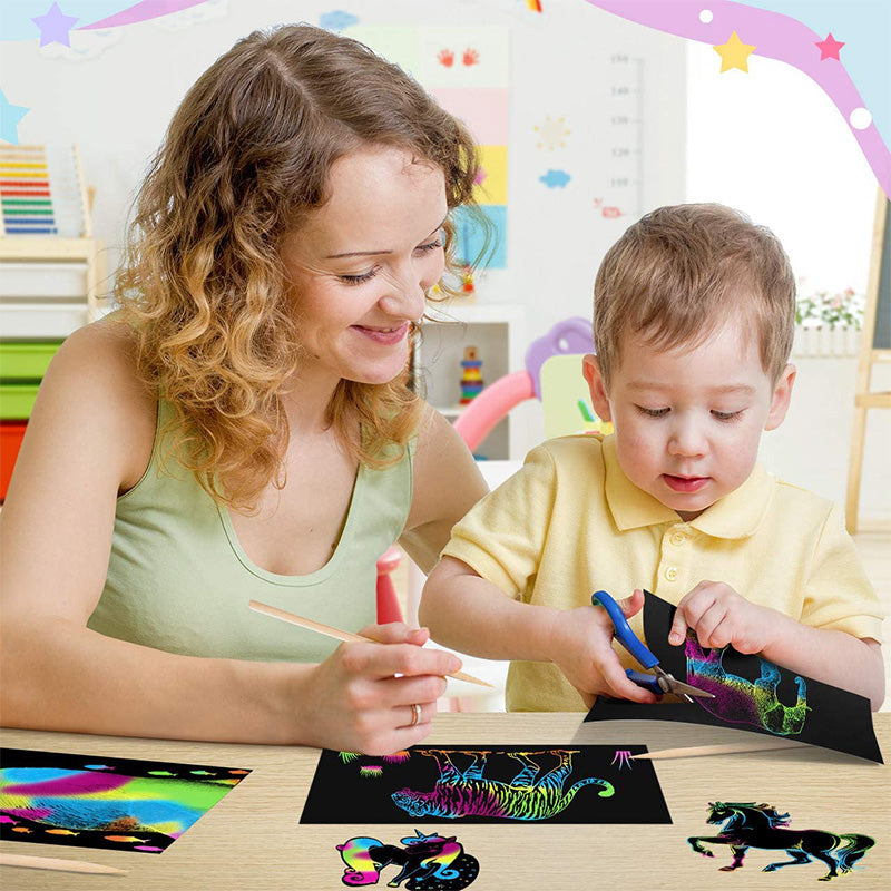 Scratch card set with Magical Rainbow Colors - ColorBurst-50× Paper + 4× Card Shapes + 5 Magic Pencils + 1× Brush and Sharpener-Nora Luxe