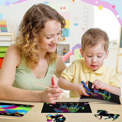 Scratch card set with Magical Rainbow Colors - ColorBurst-50× Paper + 4× Card Shapes + 5 Magic Pencils + 1× Brush and Sharpener-Nora Luxe
