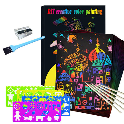 Scratch card set with Magical Rainbow Colors - ColorBurst-50× Paper + 4× Card Shapes + 5 Magic Pencils + 1× Brush and Sharpener-Nora Luxe