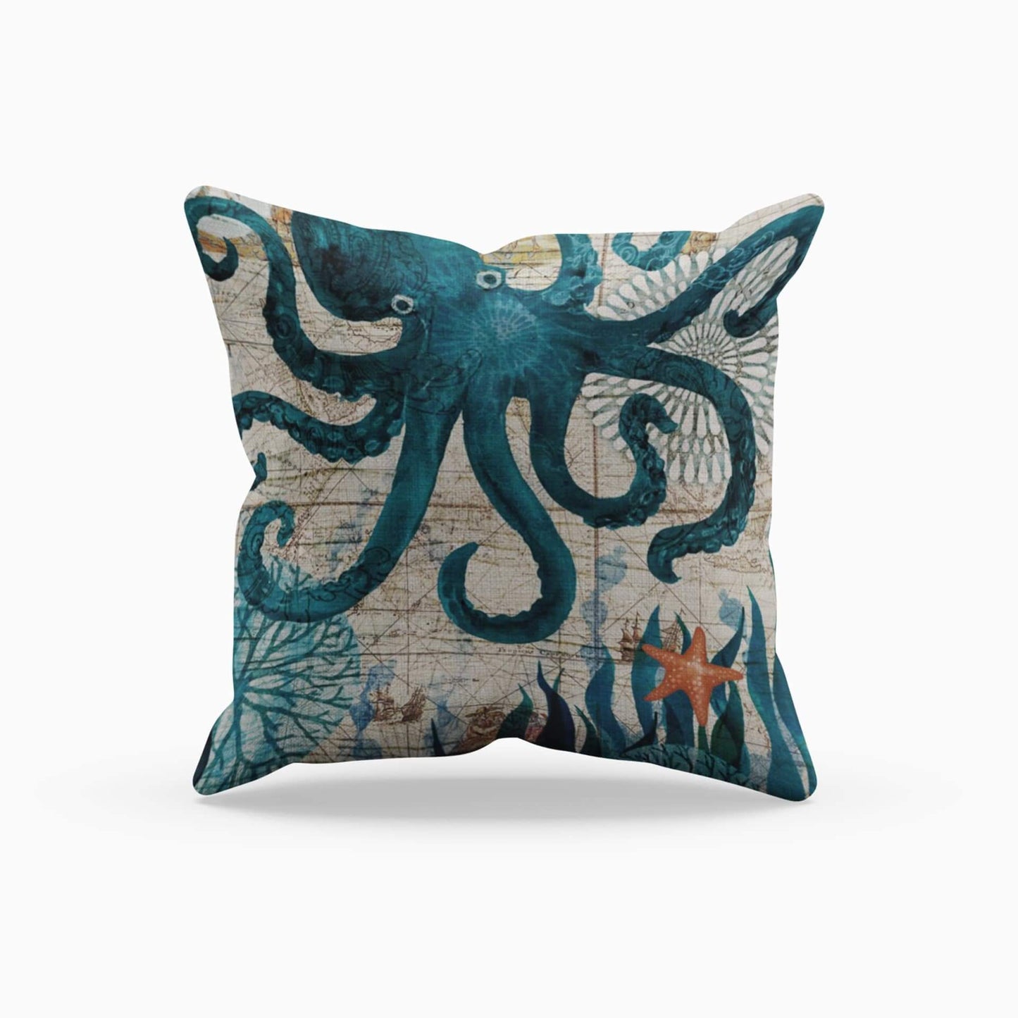 Decorative pillow with an octopus design on a white background