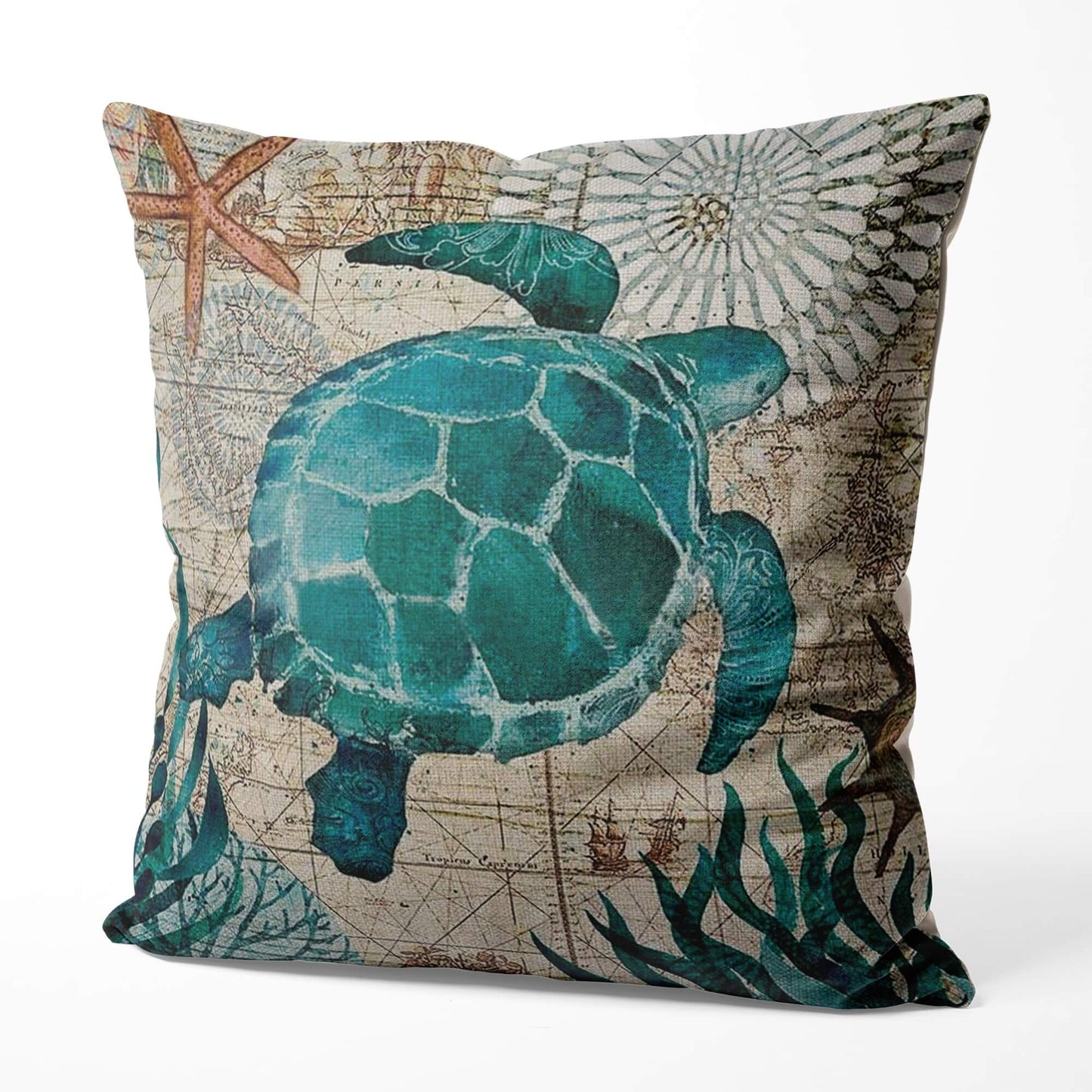 Decorative pillow with a turtle design on a map background