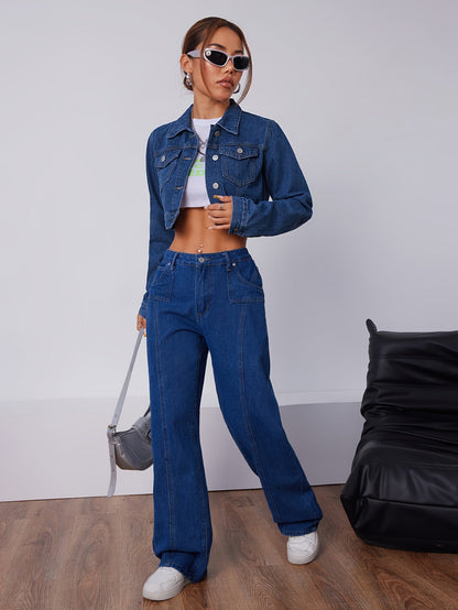 Slim Fit Dark Blue Jeans Jacket for Women - Pexav