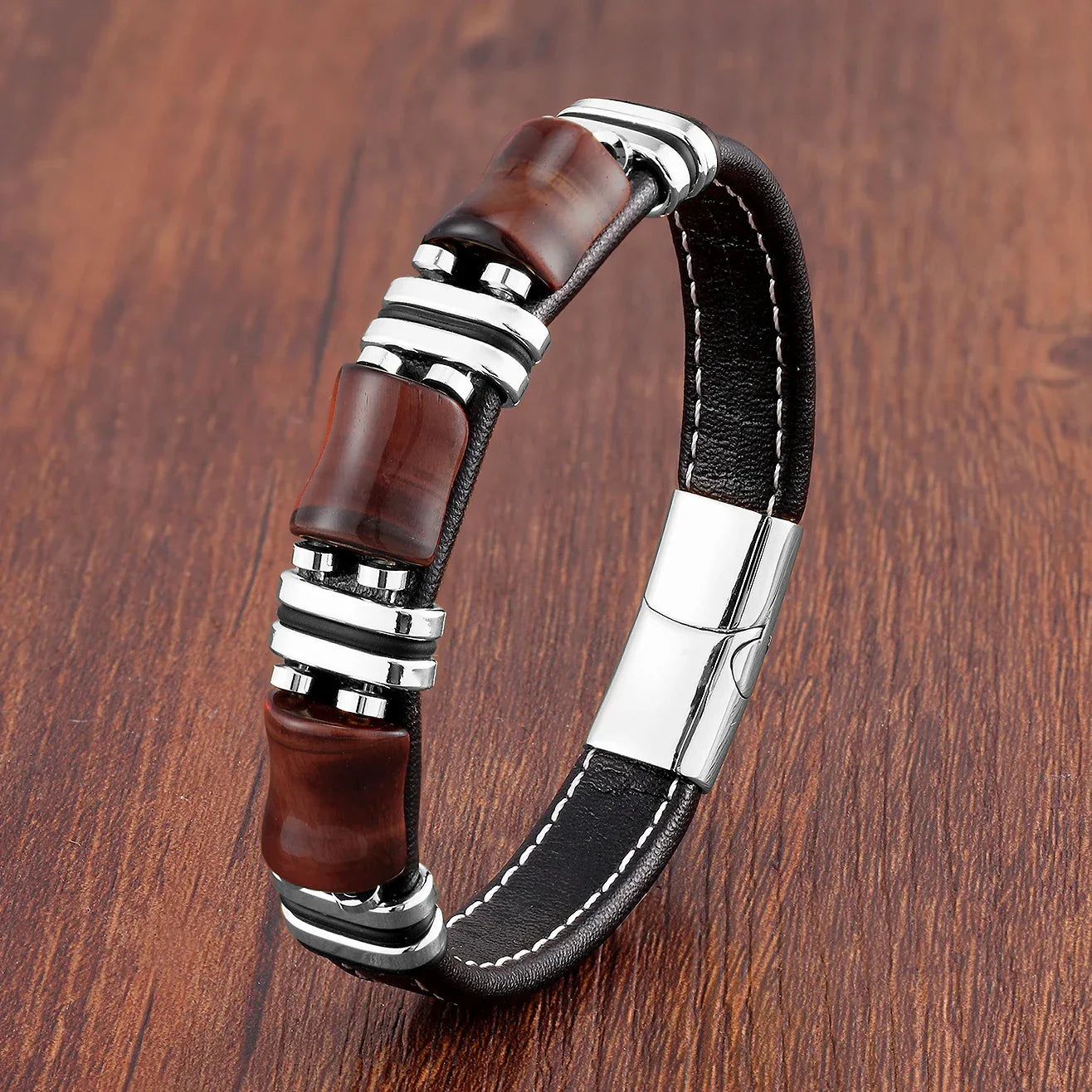 Brown Genuine Leather Gemstone Bracelet
