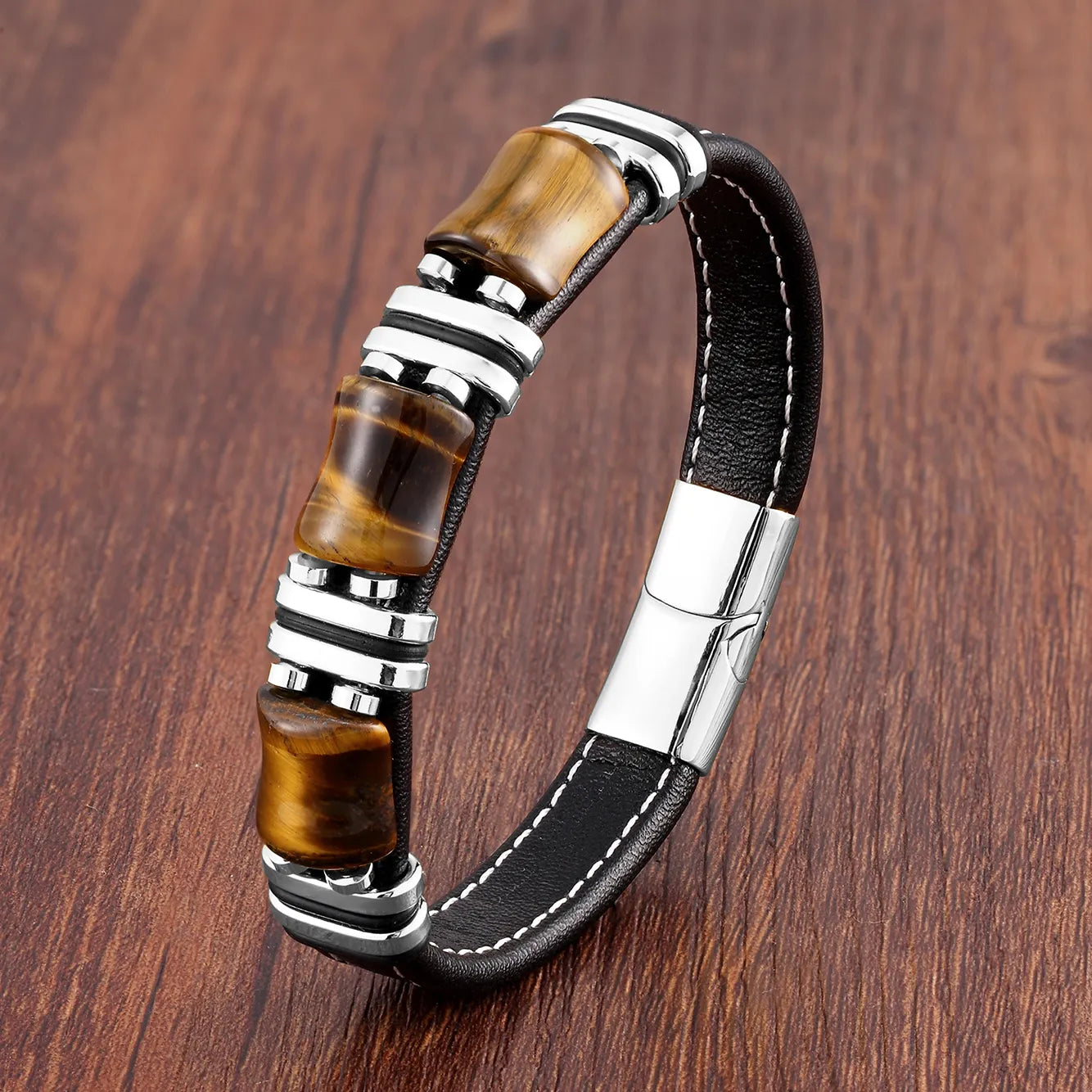Brown Genuine Leather Gemstone Bracelet