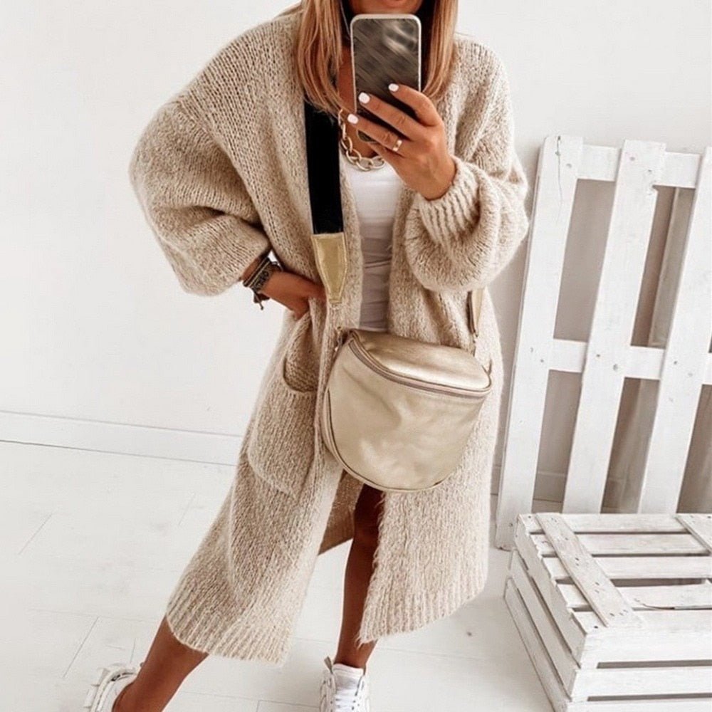 Cozy Large Women's Open Front Cardigan - Beige - Pexav