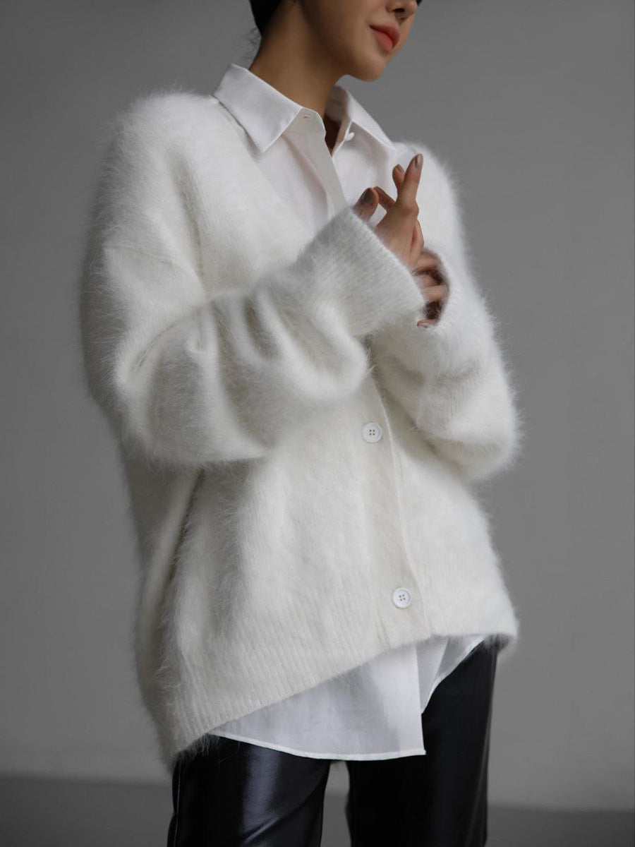 Soft Knitted Women's Cardigan with V-Neck - Sophie-White-S-Nora Luxe