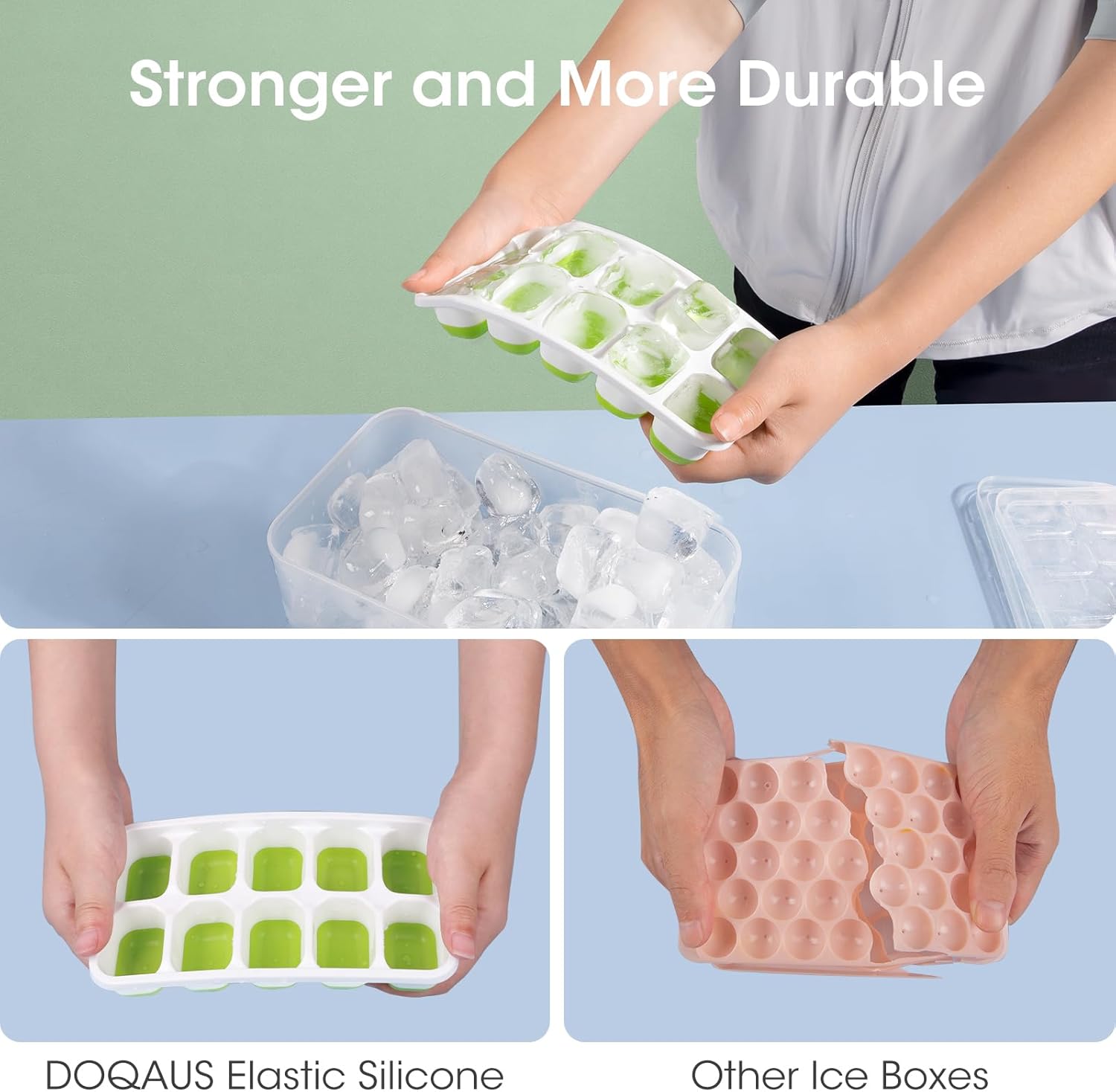 Stackable Silicone Ice Cube Trays with Storage Bin-White-Green-Nora Luxe