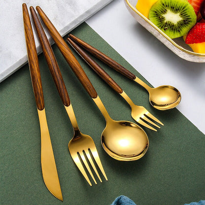 Stainless Steel Cutlery Set with Wooden Handle - WoodCraft-Gold-Nora Luxe