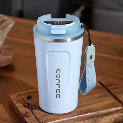 Stainless Steel Thermo Mug with Smart Temperature Display - TempMate-Blue with Carry Strap-380ML-Nora Luxe