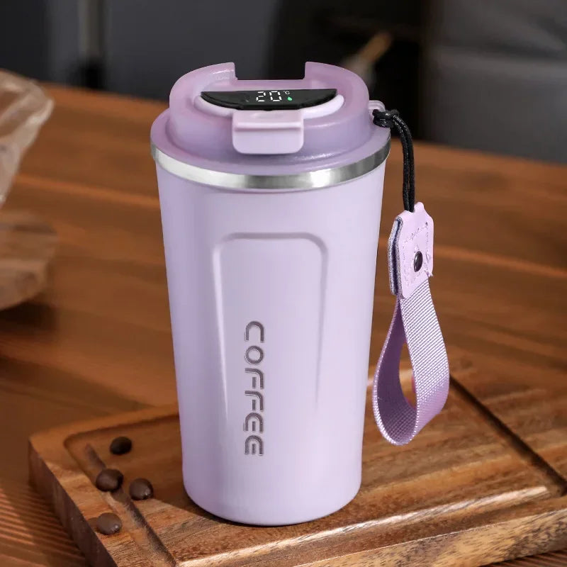 Stainless Steel Thermo Mug with Smart Temperature Display - TempMate-Purple with Carrying Strap-380ML-Nora Luxe