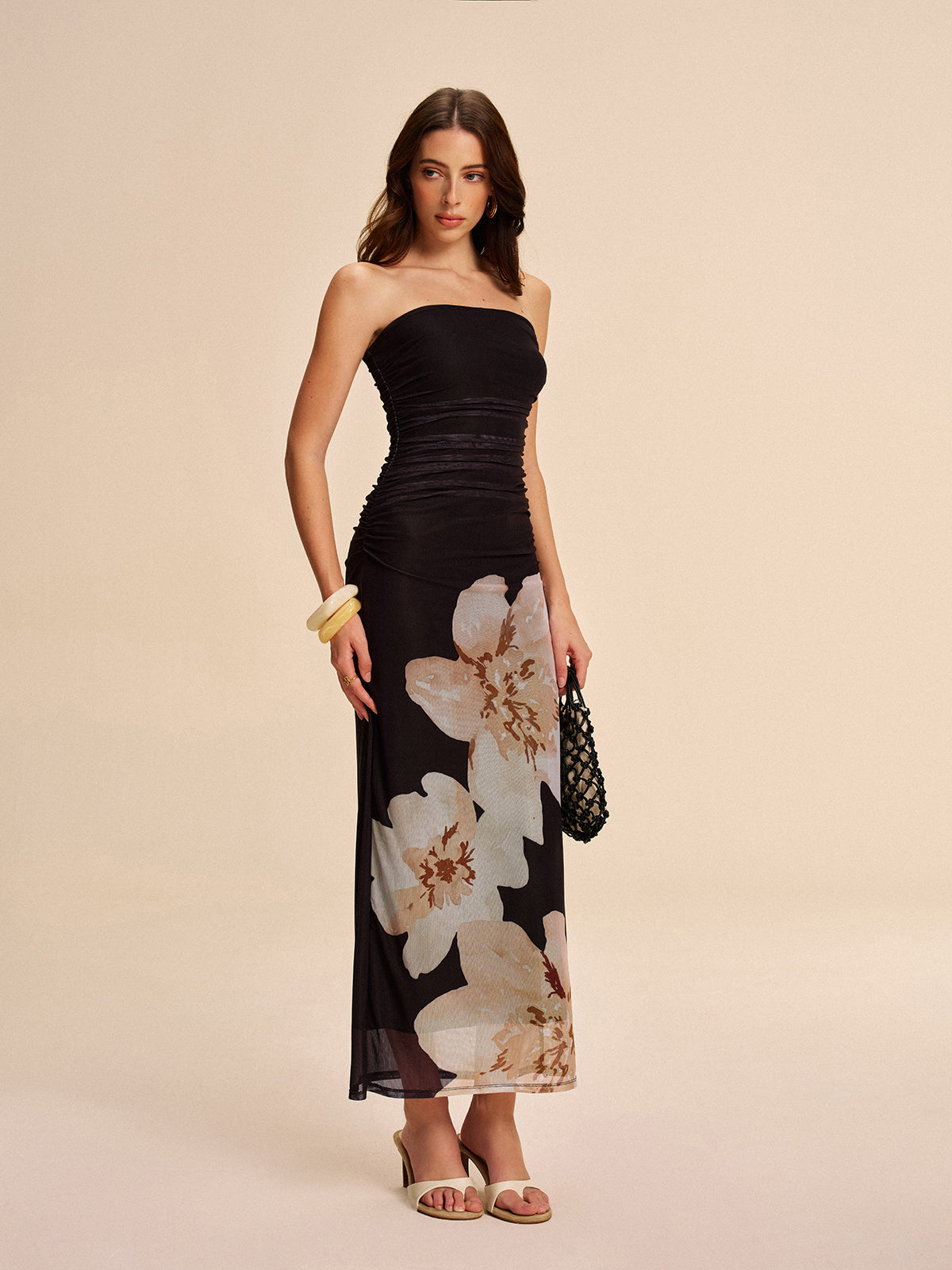 Sleeveless Gathered Floral Lace Dress - Pexav