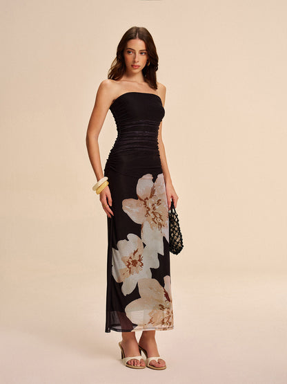 Sleeveless Gathered Floral Lace Dress - Pexav
