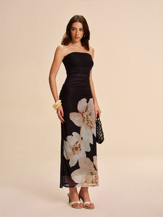 Sleeveless Gathered Floral Lace Dress - Pexav