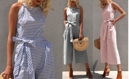 Striped summer jumpsuit for women with wide leg and V-neck – Alina-Blue-S-The Livary