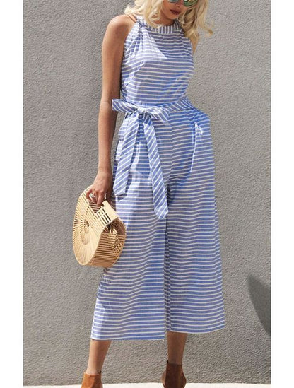 Striped summer jumpsuit for women with wide leg and V-neck – Alina-Blue-S-The Livary
