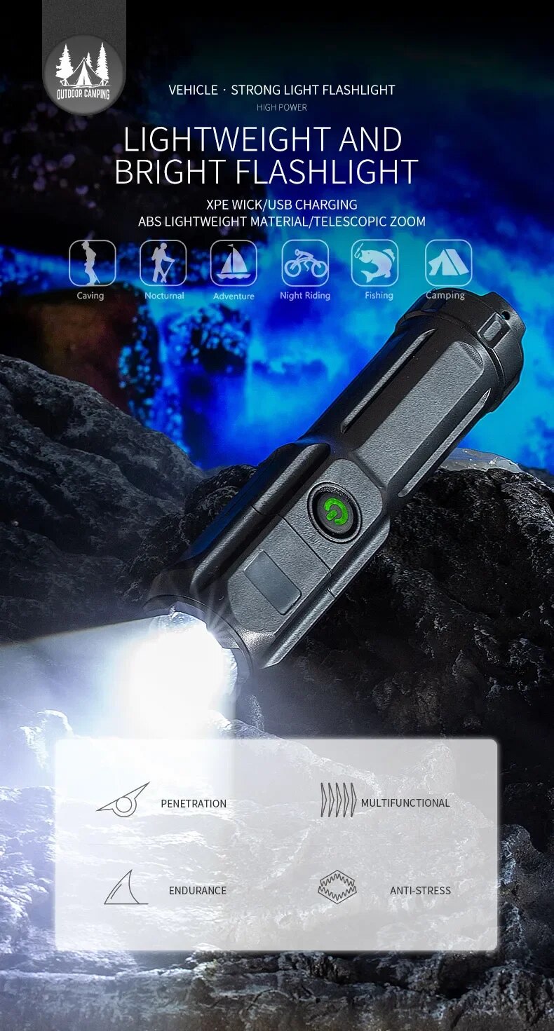 STRONG LED TORCH WITH ZOOM - USB RECHARGEABLE CAMPING TORCH-F15-T-Nora Luxe