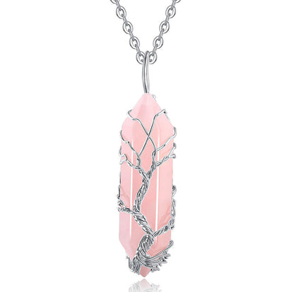 Stylish Crystal with Tree of Life Gemstone Necklace - Elara-Rose quartz-Nora Luxe