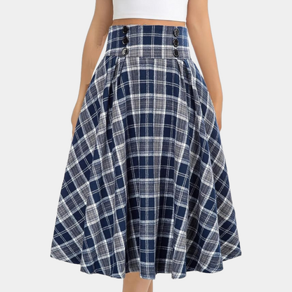 Chic Flared Midi Skirt with Plaid Print - Pexav