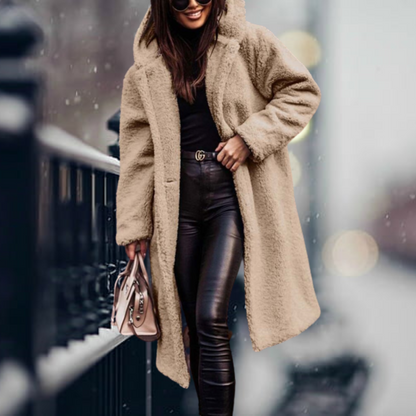 Stylish Ladies Faux Fur Coat with Hood - Vivienne-Apricot-S-Nora Luxe