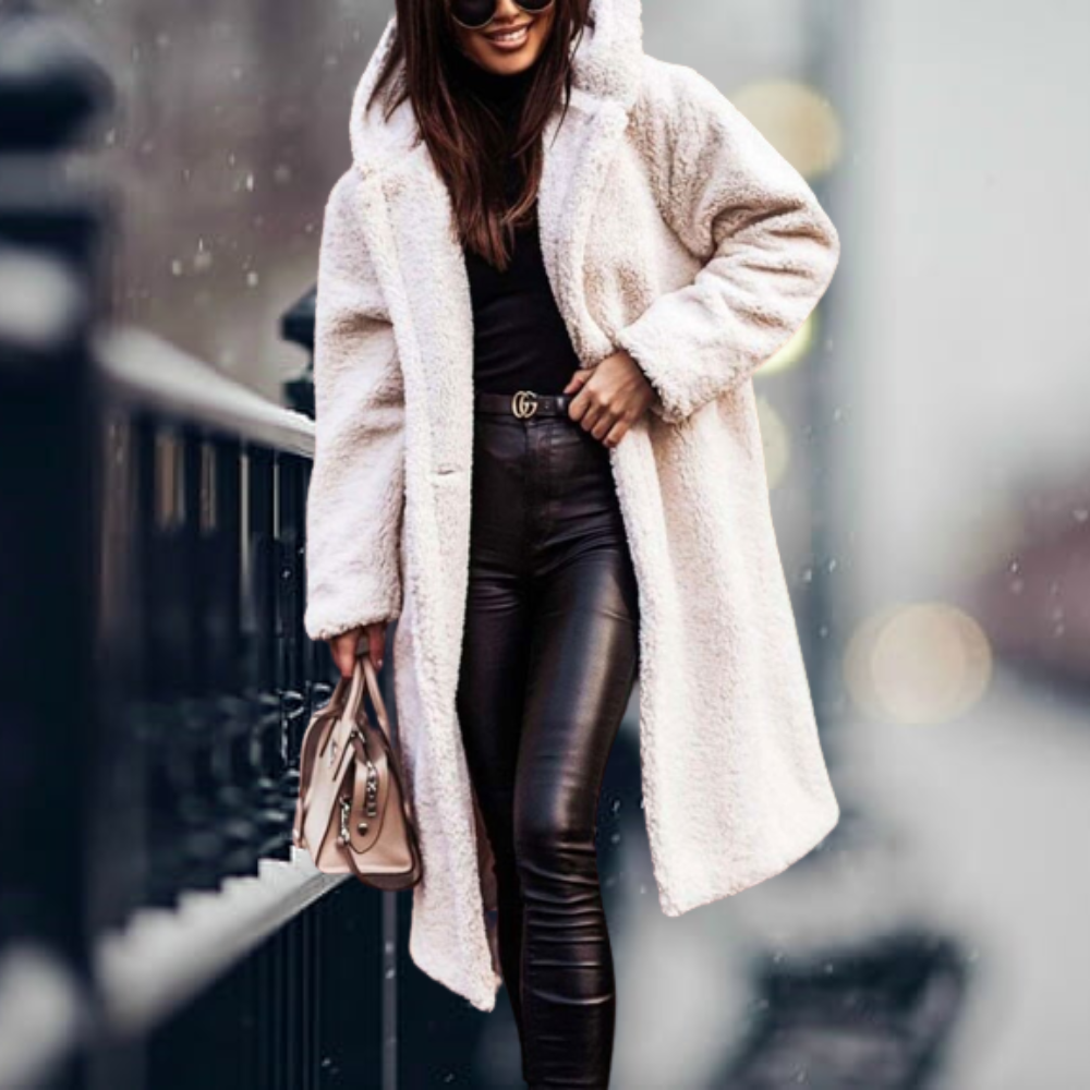 Stylish Ladies Faux Fur Coat with Hood - Vivienne-Creamy White-S-Nora Luxe