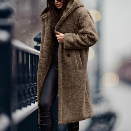 Stylish Ladies Faux Fur Coat with Hood - Vivienne-Khaki-S-Nora Luxe