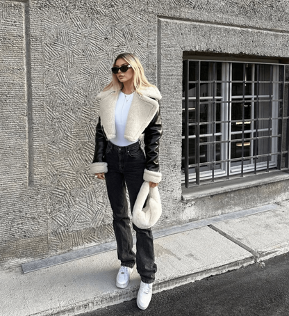 Warm Faux Fur Lined Leather Coat for Women - Pexav