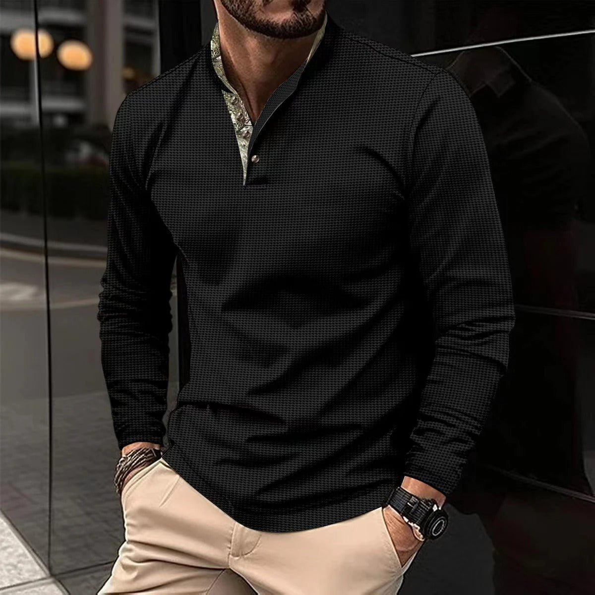 Stylish Long Sleeve Men's Polo - Finn-Black-S-Nora Luxe