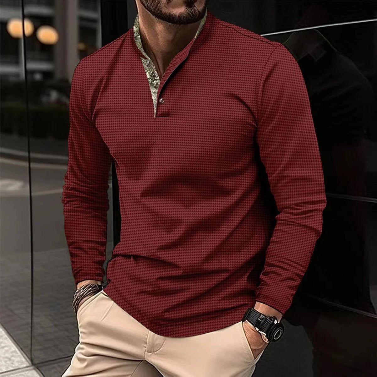 Stylish Long Sleeve Men's Polo - Finn-Red-S-Nora Luxe