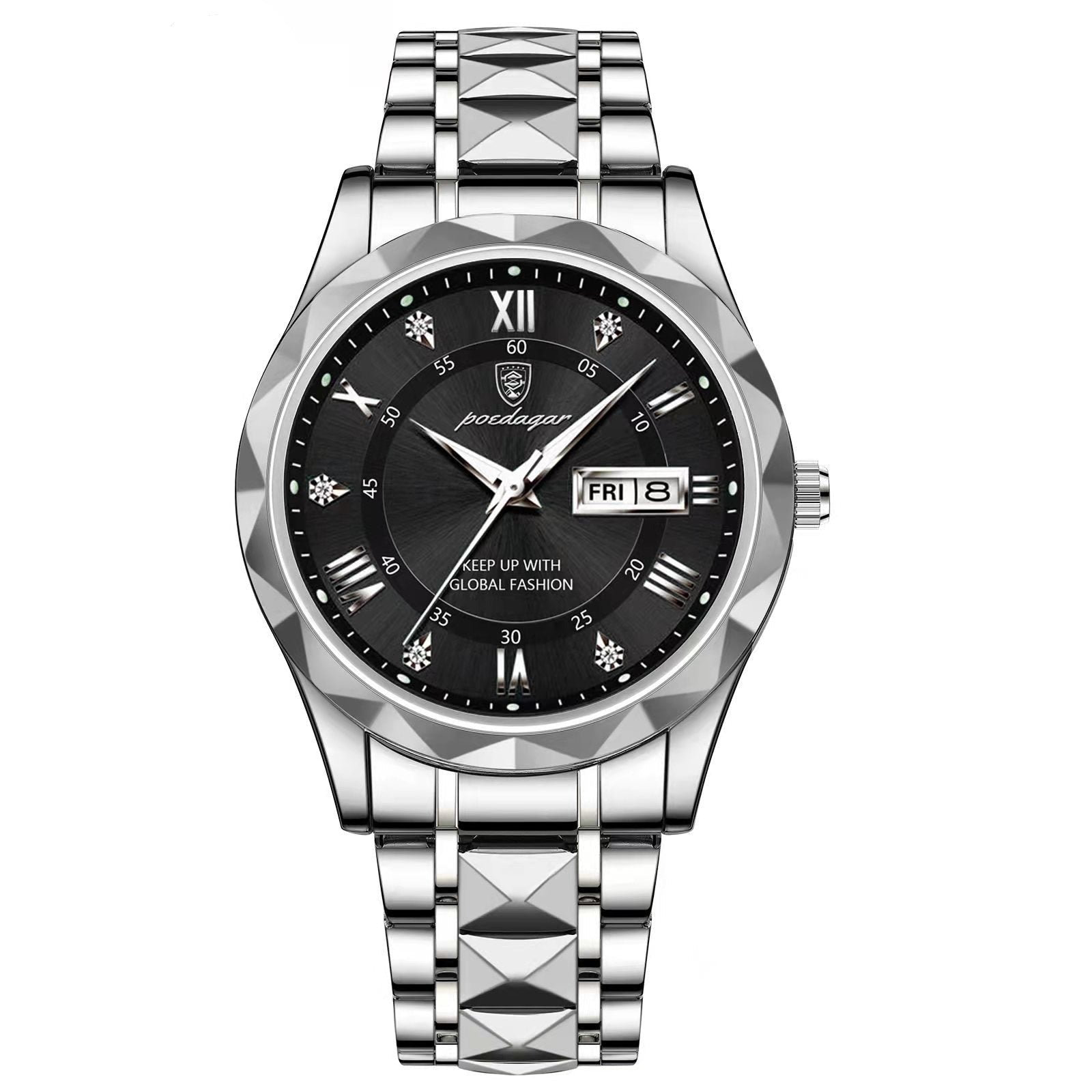 Stylish Men's Watch in Stainless Steel - LumiSteel-Silver Black-Nora Luxe