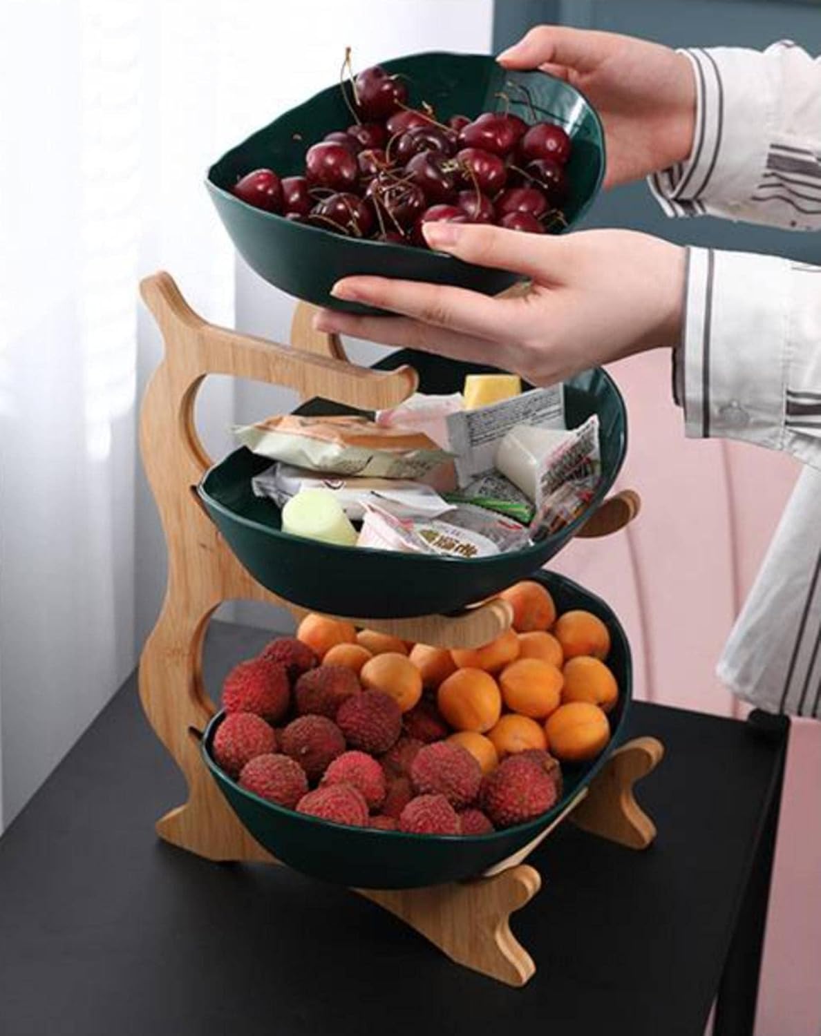 Stylish Metal Fruit Stand with 2 or 3 Tiers - StackFruit-Green (2 Layers)-Nora Luxe