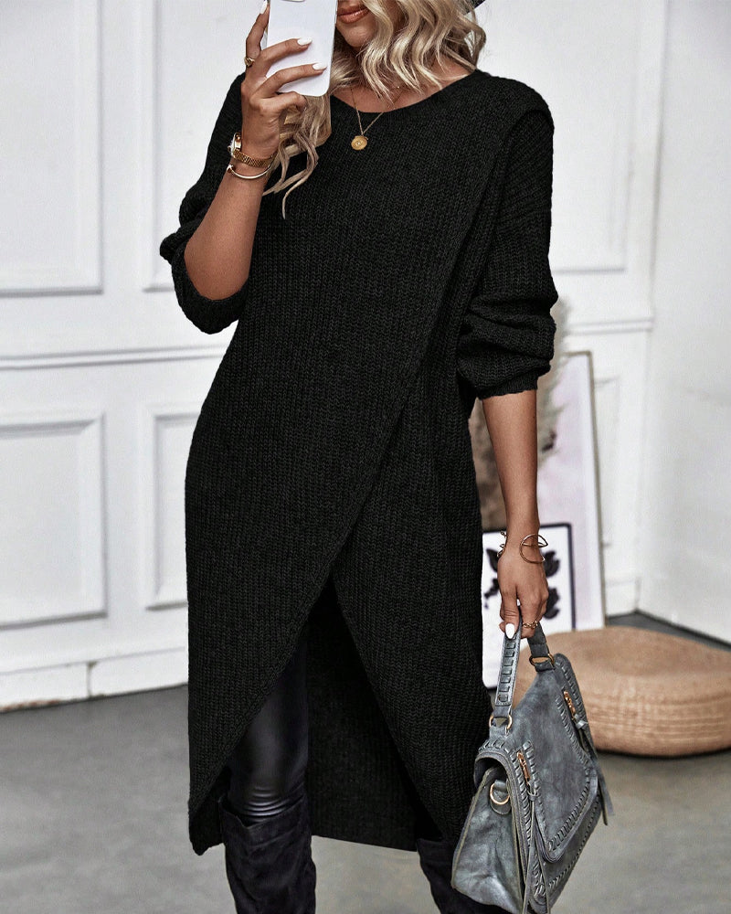 Stylish Plain Sweater Dress - Lina-Black-S-Nora Luxe