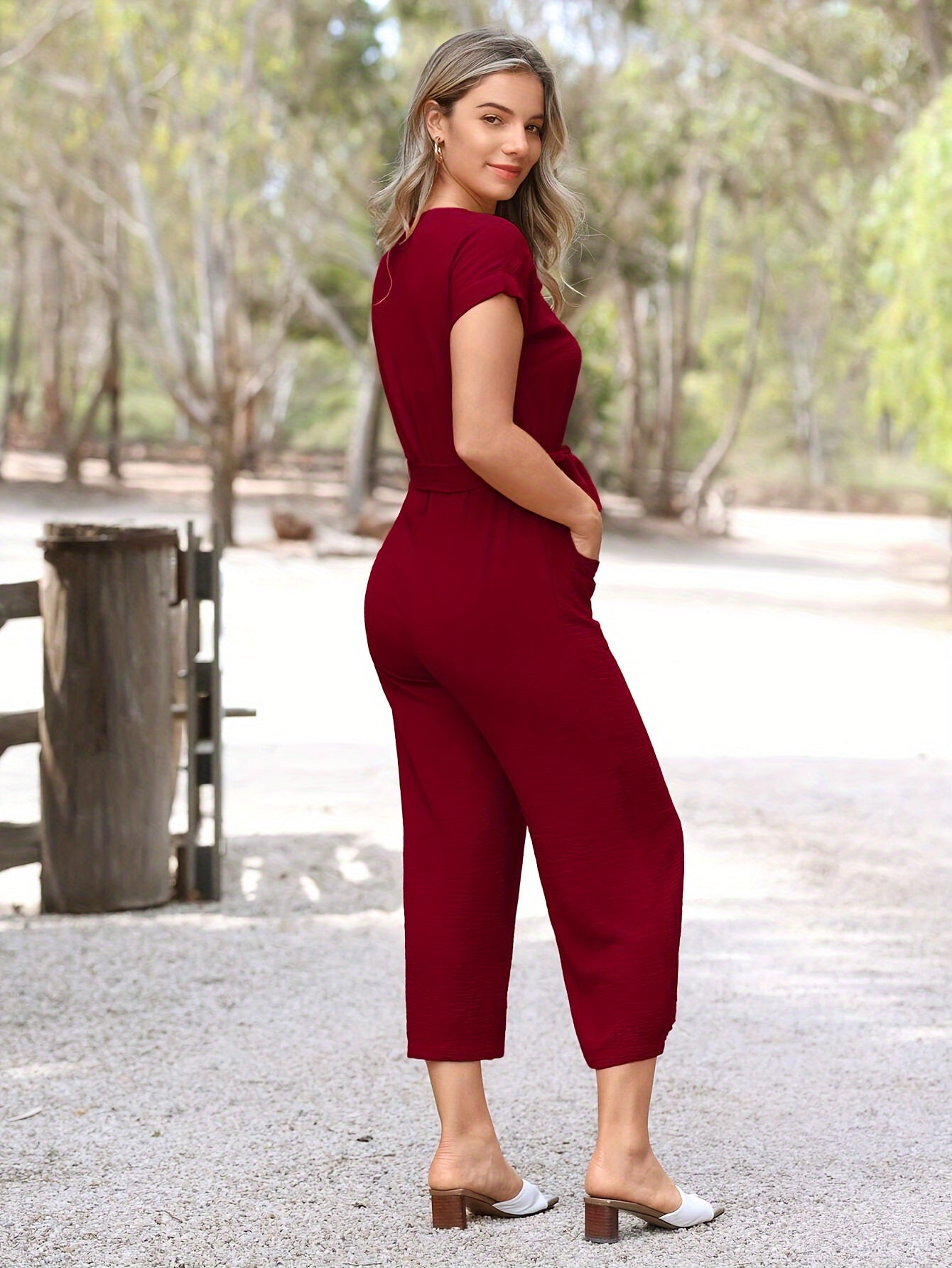 Stylish short-sleeved jumpsuit with button placket and waist belt - AirVibe-Orange-S-The Livary