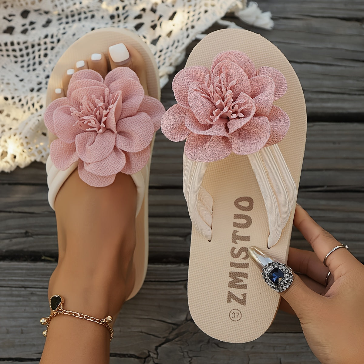 Stylish women's slippers with floral detail for summer - FlowerStep-Beige-3-The Livary