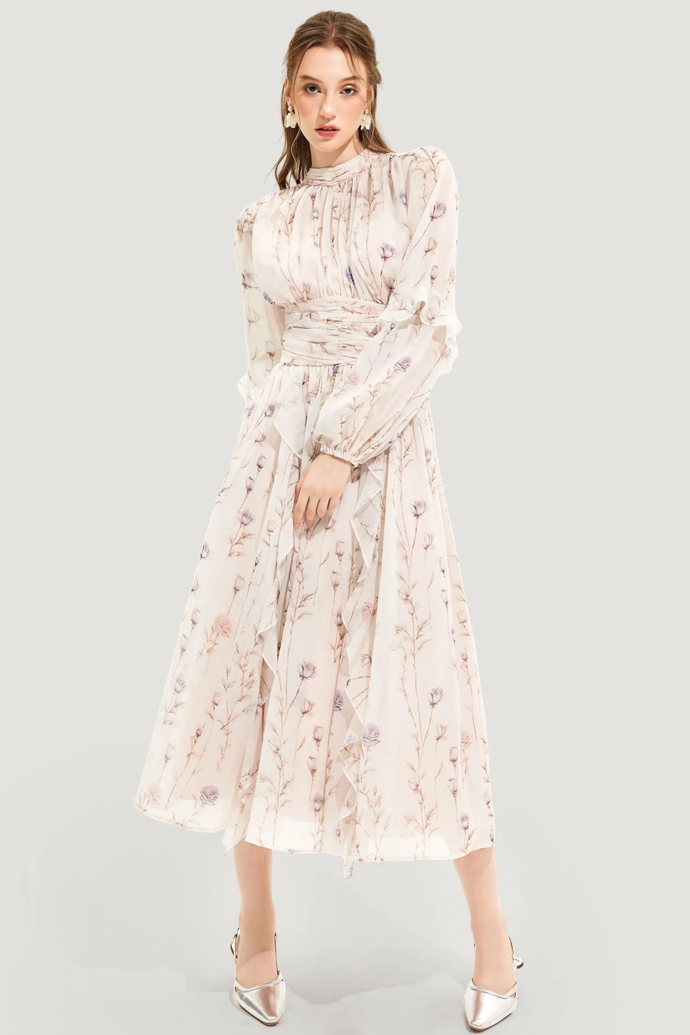 Summer dress with floral pattern and pleated skirt – Alina-Beige-S-The Livary