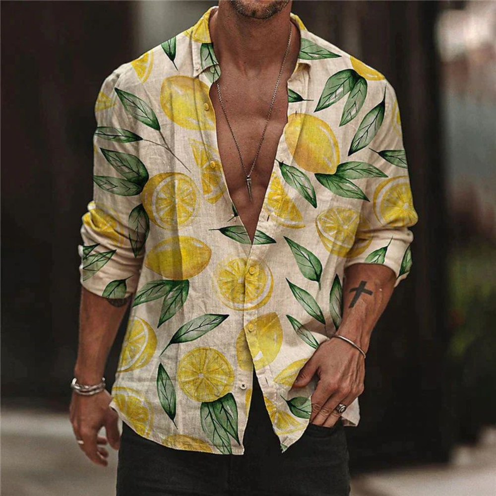 Mens Casual Lemon Print Short Sleeve Shirt - Pexav
