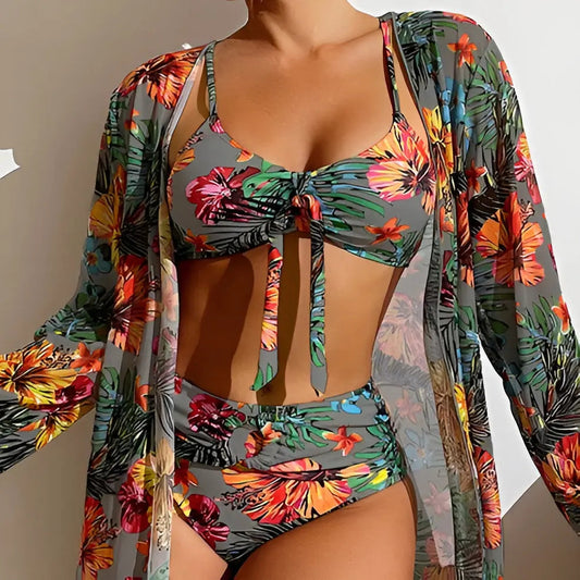 Women's High Waist 3 Piece Swimwear Set - Pexav