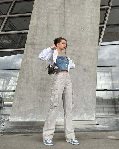 Trendy Ladies Cargo Jeans - Nova-Light Gray-XS-Nora Luxe